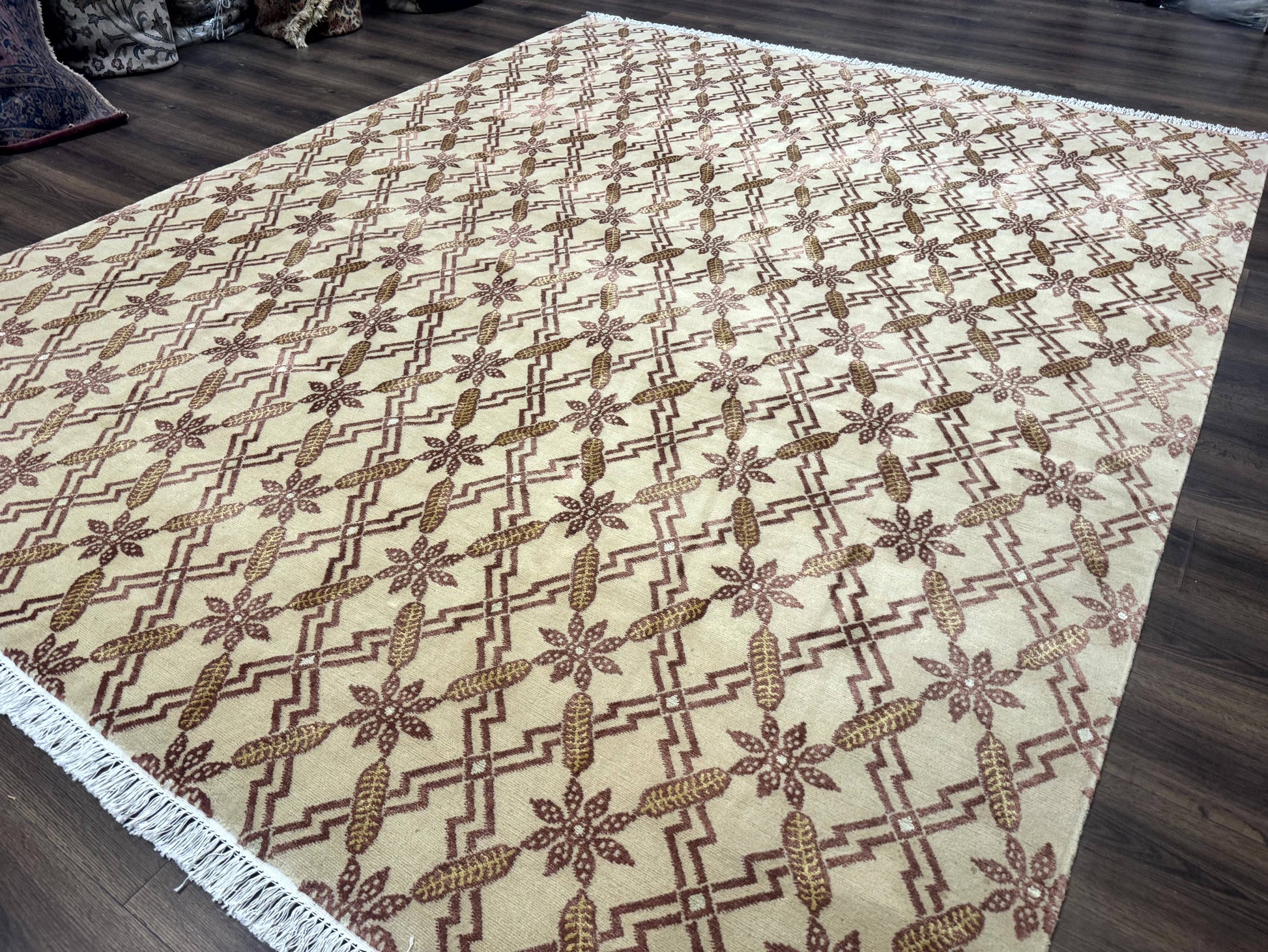 Tibetan Rug 8x10, Wool with Silk Highlights, Beige and Maroon, Contemporary Carpet - Nuvé