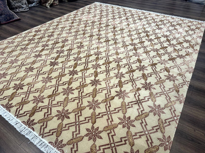 Tibetan Rug 8x10, Wool with Silk Highlights, Beige and Maroon, Contemporary Carpet - Nuvé