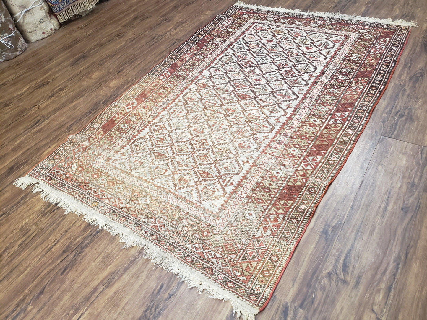 Antique Caucasian Shirvan Rug 4x6, Dagestan Area Rug, Wool Hand-Knotted Soft Red & Ivory 1920s Oriental Carpet, Soft Muted Colors - Nuvé