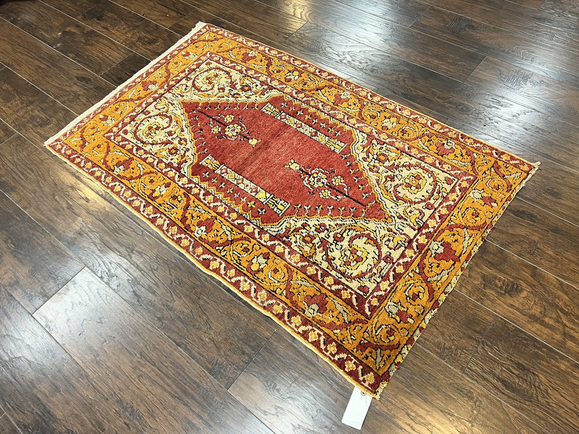 Antique Turkish Prayer Rug 3x5, Hand Knotted Turkish Melas Oushak Wool Carpet, Mehrab Rug, Orange & Red Vintage Rug 3 x 5 Collectible - Nuvé