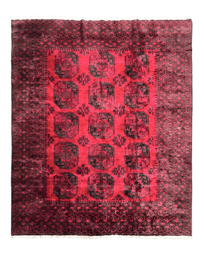 Afghan Turkoman Rug 9x10 with red Beshir tribal wool design, antique style, showcasing intricate patterns and traditional craftsmanship.