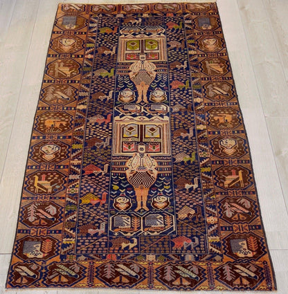 Afghani Vintage Pictorial Rug I Tribal Baluchi 4X7 Ft - Nuvé