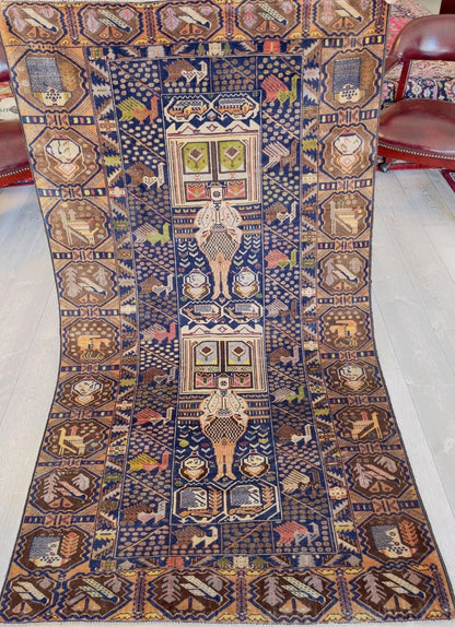 Afghani Vintage Pictorial Rug I Tribal Baluchi 4X7 Ft - Nuvé