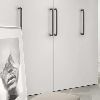 Alyma knob and pull bar in brushed nickel finish, modern cabinet hardware for kitchen or bathroom cabinets.