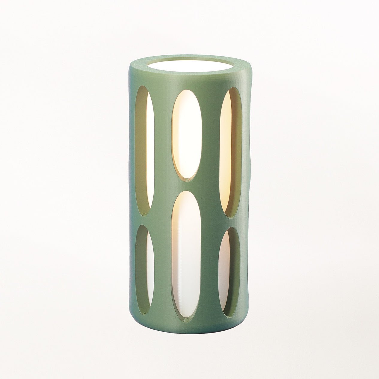 Amoeba-shaped Terra Labs table lamp with a translucent, organic design sitting on a wooden surface.