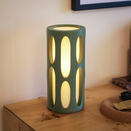 Olive green Terra Labs Amoeba Table Lamp with organic, amoeba-shaped design and smooth surface.