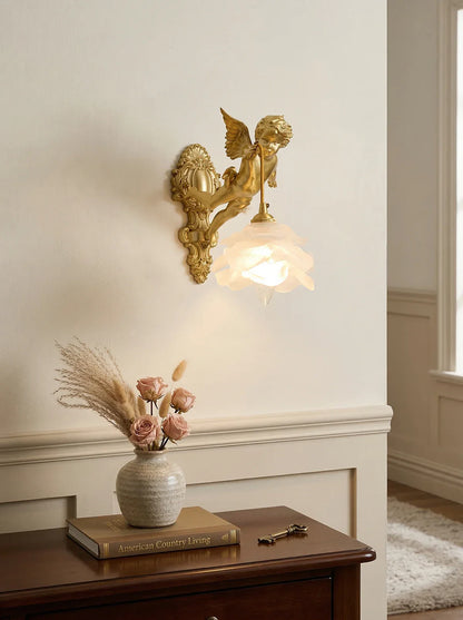 Korewolamp angel glass wall light mounted on a wall, decorative wall lamp with a soft glow and elegant design.