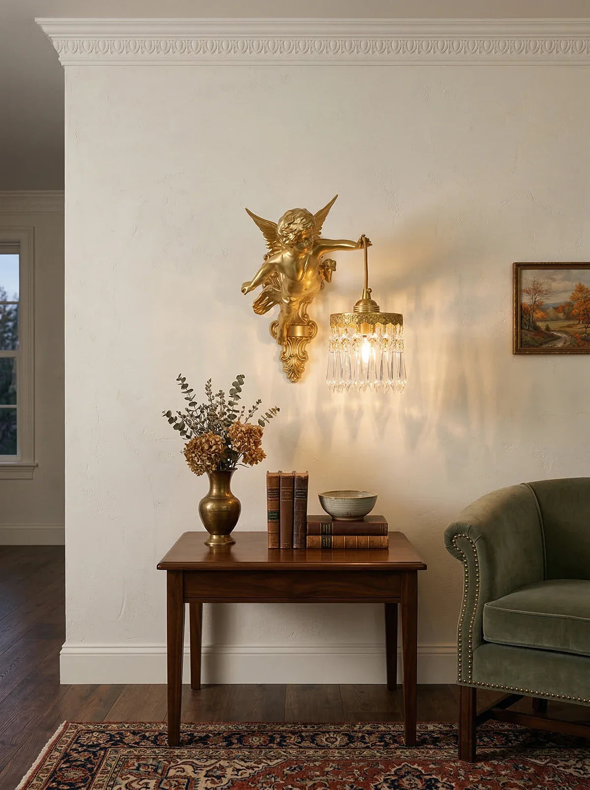 Korewolamp Angel Glass Wall Light mounted on a wall, featuring a delicate angel-shaped glass shade and modern wall lamp design