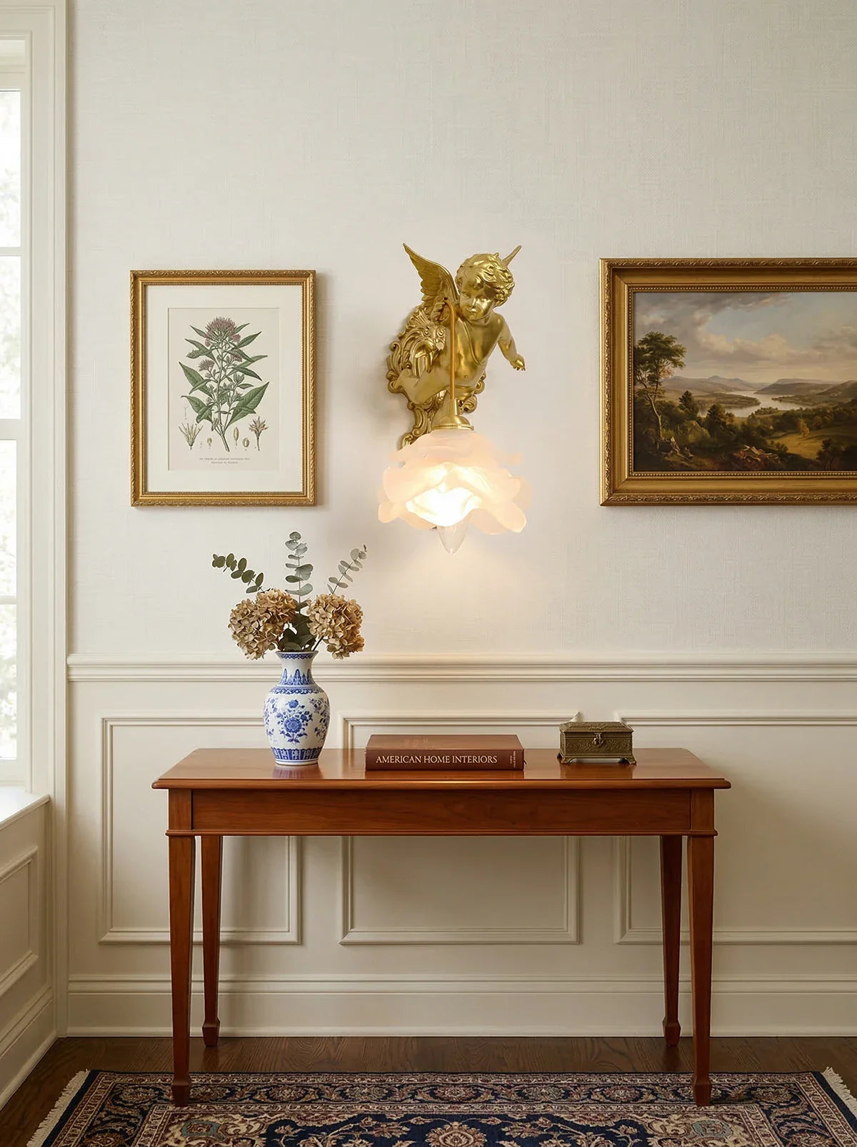 Korewolamp Angel Glass Wall Light mounted on a wall, featuring a delicate angel-shaped glass shade and modern wall lamp design