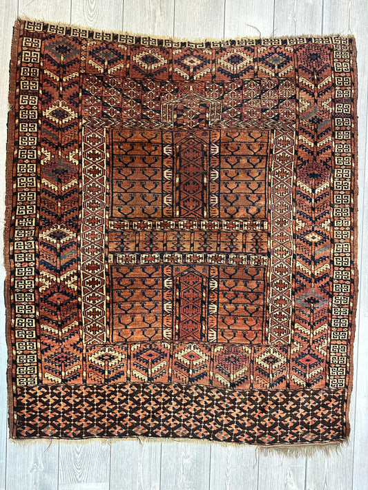 Antique 1880s Turkoman Tekke Ensi Tent Door Covering Rug 4’ x4’8” - Nuvé