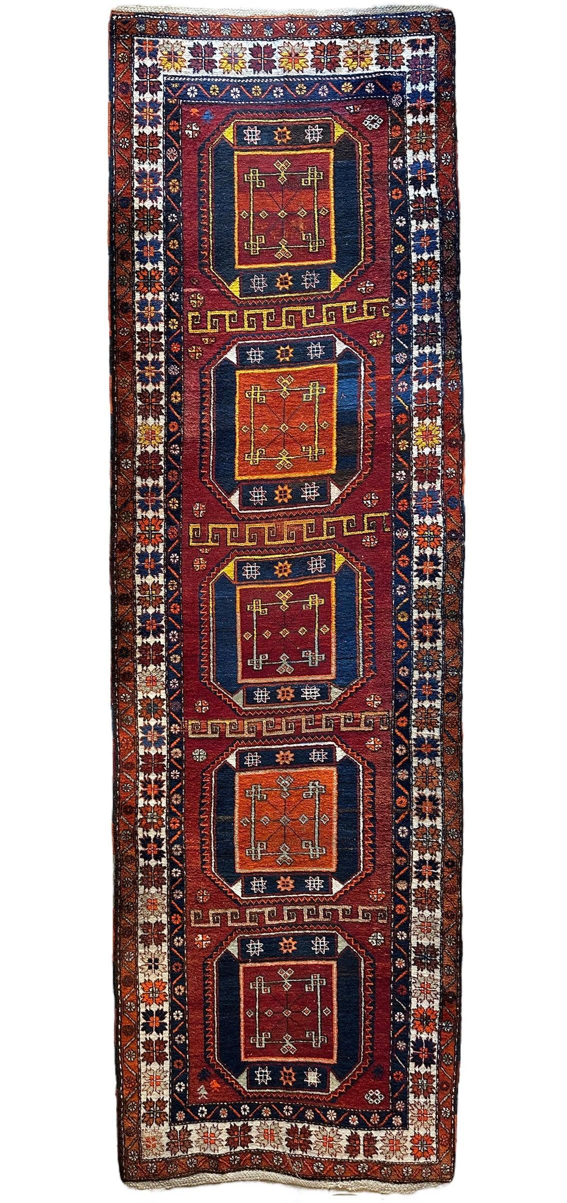Antique circa 1920's Kurdish-Kazak Geometric Motifs Runner 3’8” x 12’3” - Nuvé