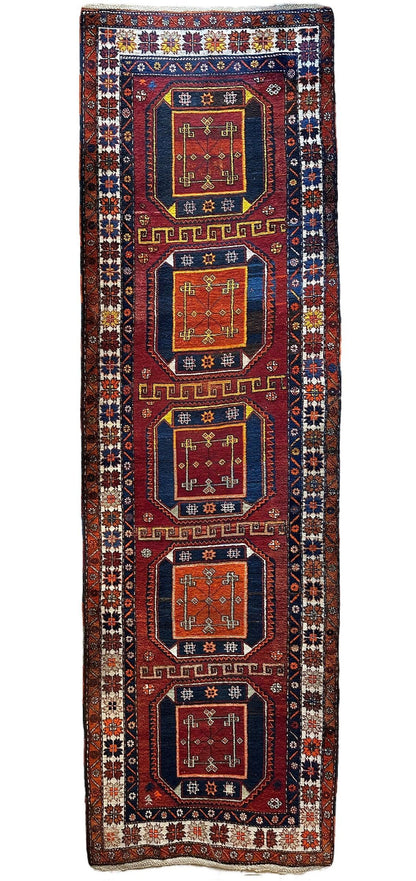 Antique circa 1920's Kurdish-Kazak Geometric Motifs Runner 3’8” x 12’3” - Nuvé