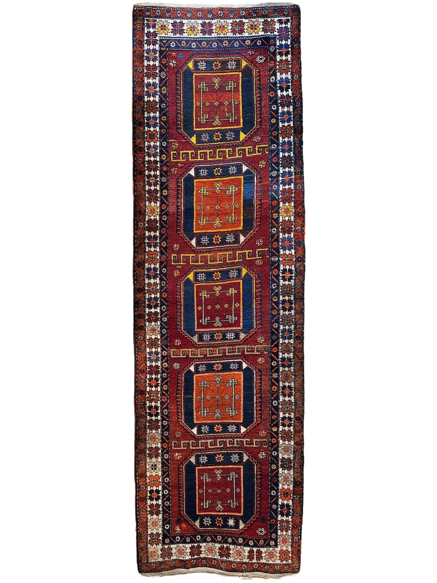 Antique circa 1920's Kurdish-Kazak Geometric Motifs Runner 3’8” x 12’3” - Nuvé