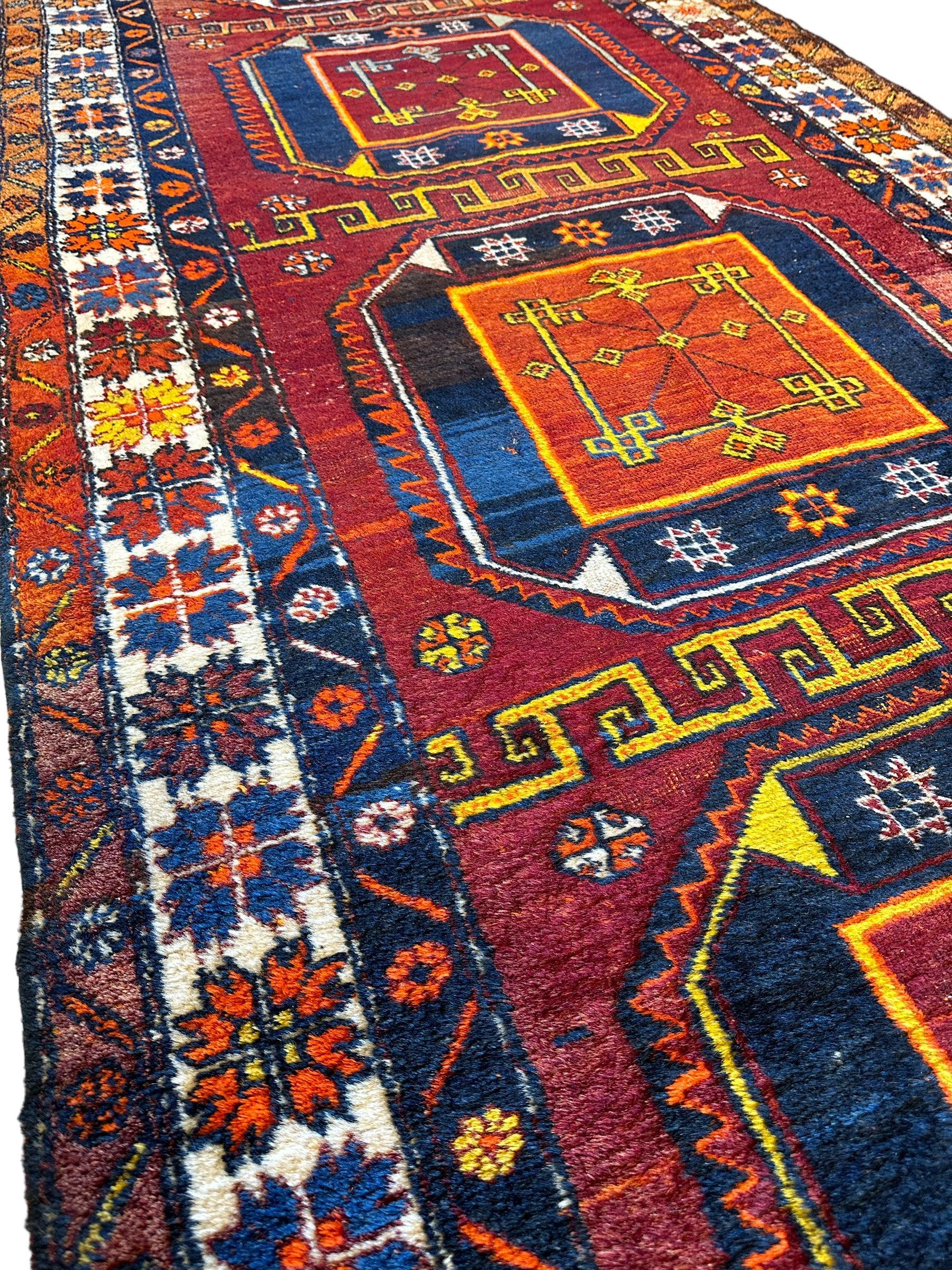 Antique circa 1920's Kurdish-Kazak Geometric Motifs Runner 3’8” x 12’3” - Nuvé