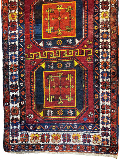 Antique circa 1920's Kurdish-Kazak Geometric Motifs Runner 3’8” x 12’3” - Nuvé