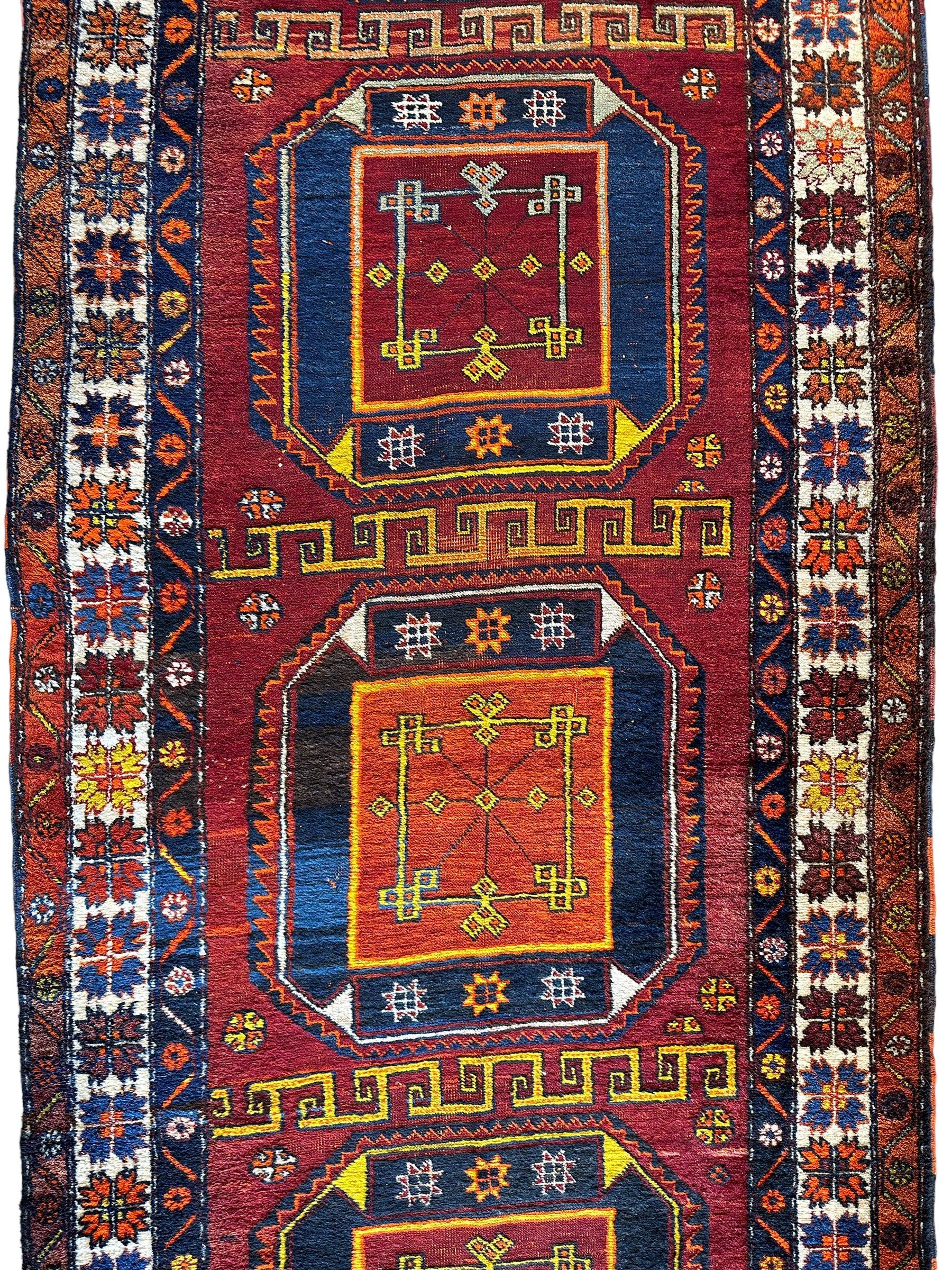 Antique circa 1920's Kurdish-Kazak Geometric Motifs Runner 3’8” x 12’3” - Nuvé