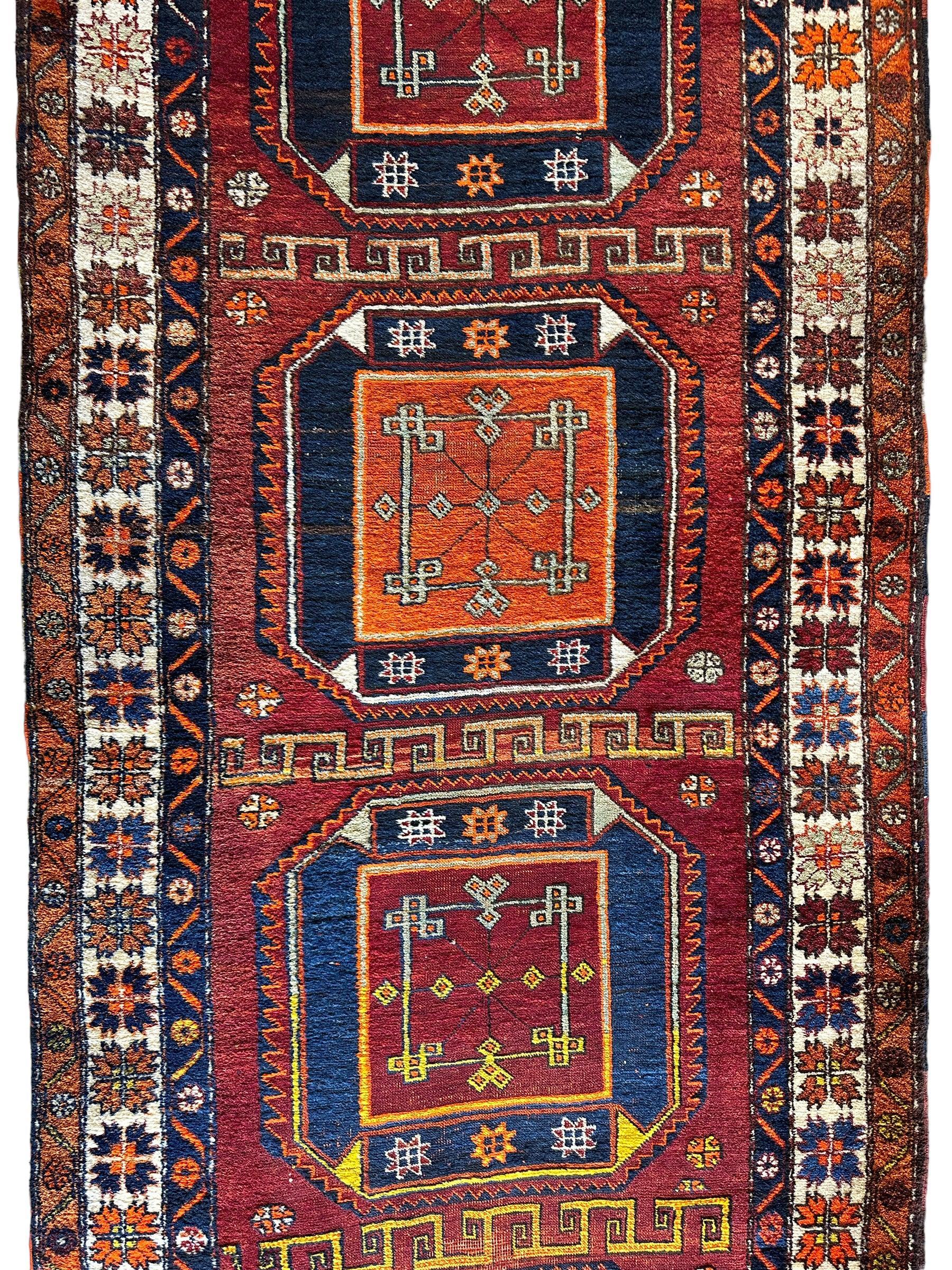 Antique circa 1920's Kurdish-Kazak Geometric Motifs Runner 3’8” x 12’3” - Nuvé