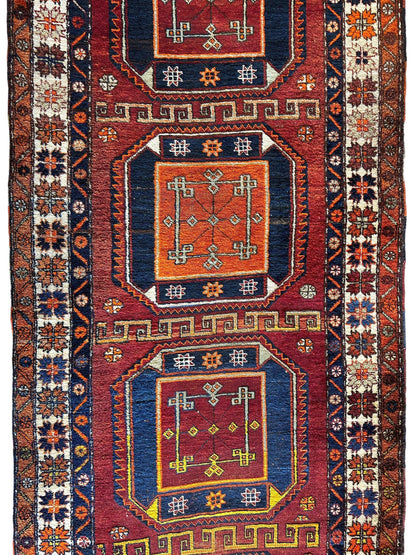 Antique circa 1920's Kurdish-Kazak Geometric Motifs Runner 3’8” x 12’3” - Nuvé