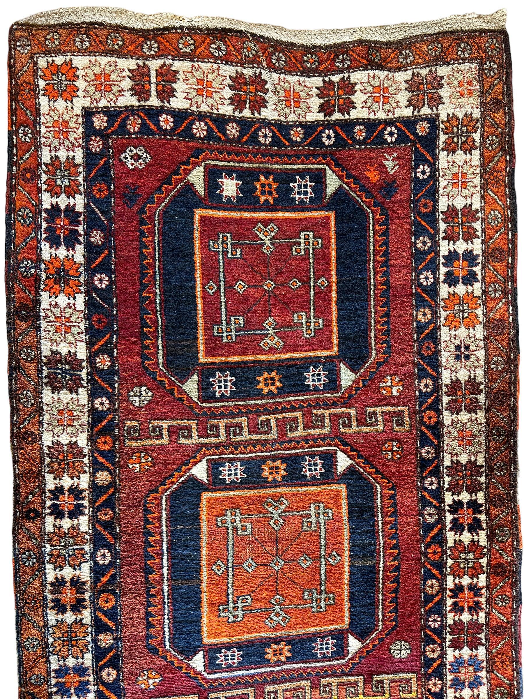 Antique circa 1920's Kurdish-Kazak Geometric Motifs Runner 3’8” x 12’3” - Nuvé