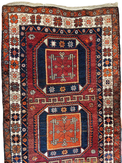 Antique circa 1920's Kurdish-Kazak Geometric Motifs Runner 3’8” x 12’3” - Nuvé