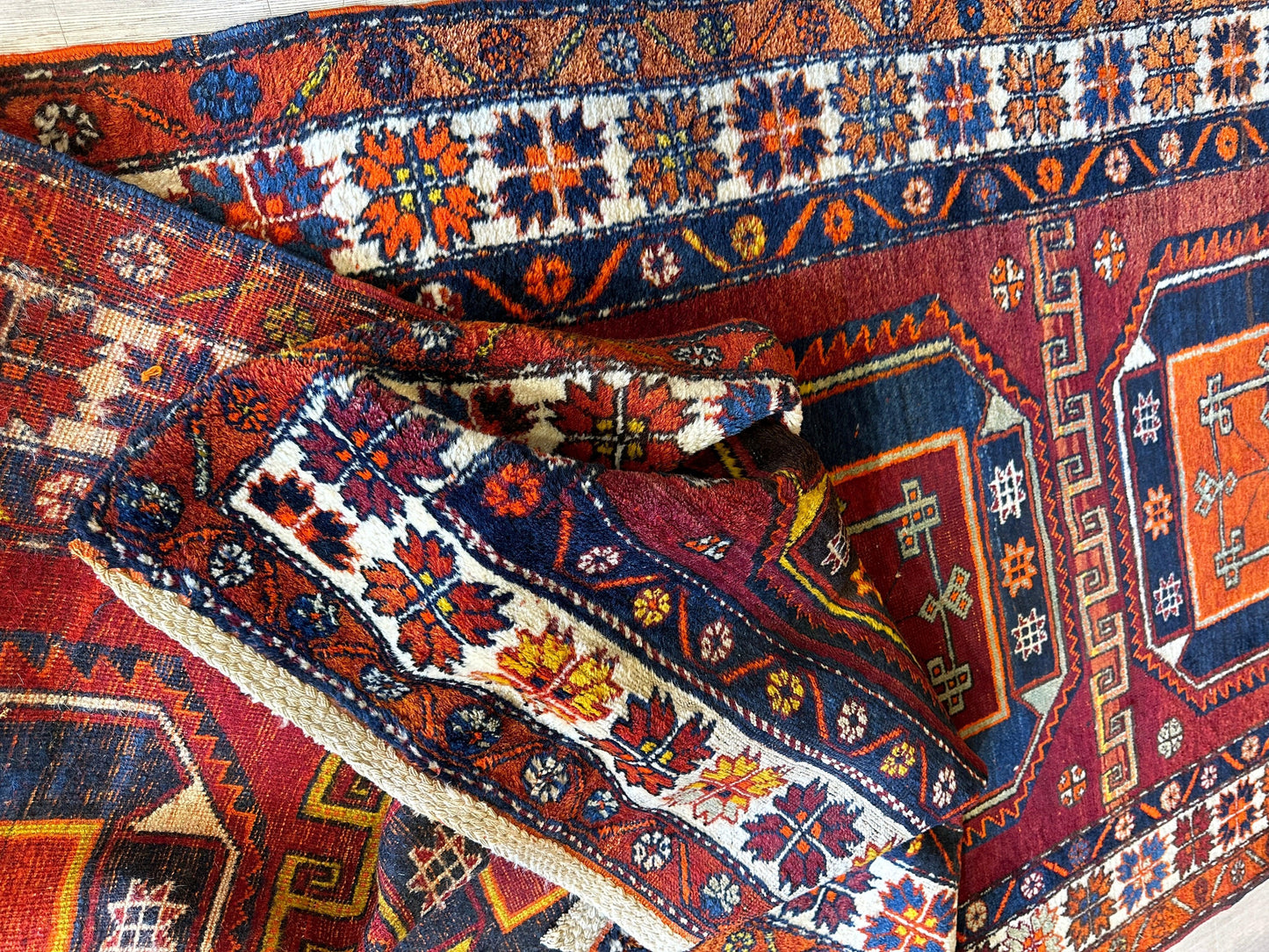 Antique circa 1920's Kurdish-Kazak Geometric Motifs Runner 3’8” x 12’3” - Nuvé