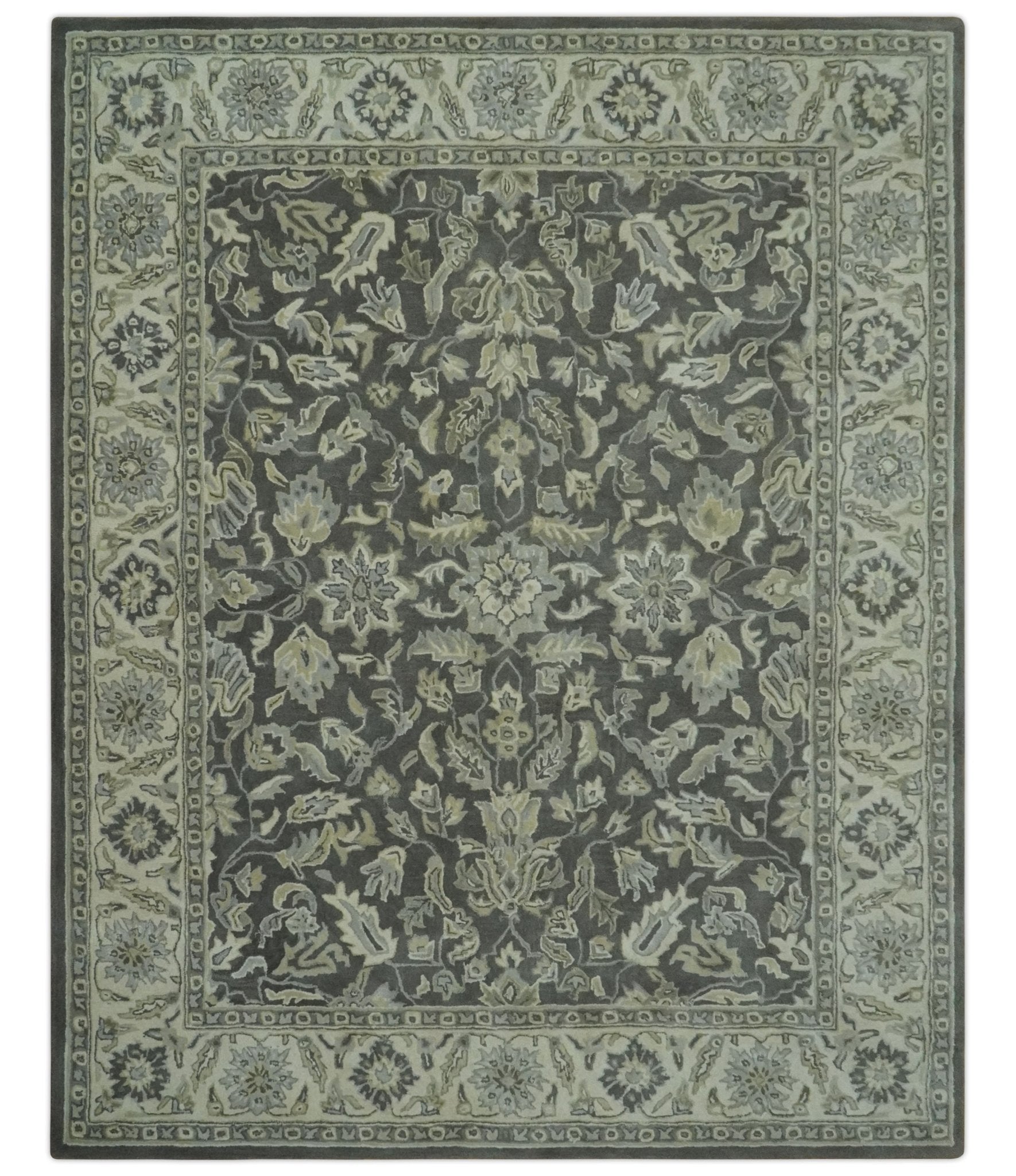 Antique Design 8x10 Charcoal and Beige Traditional Floral Hand Tufted rug - Nuvé