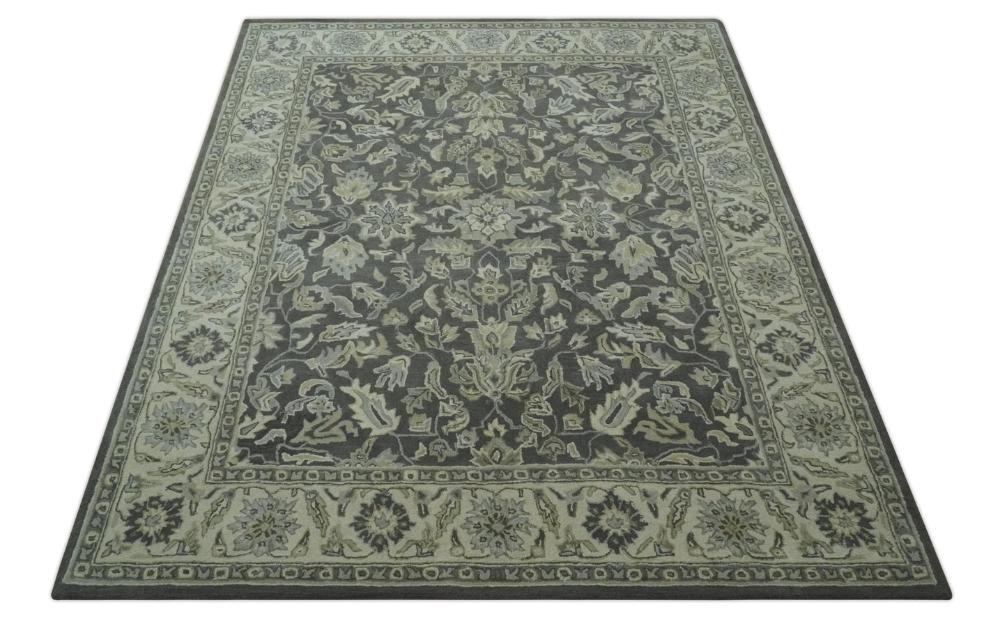 Antique Design 8x10 Charcoal and Beige Traditional Floral Hand Tufted rug - Nuvé