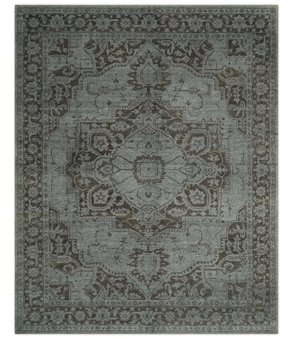 Antique Design Traditional Heriz Medallion Silver, Charcoal and Brown Hand Knotted 8x10 wool area Rug - Nuvé