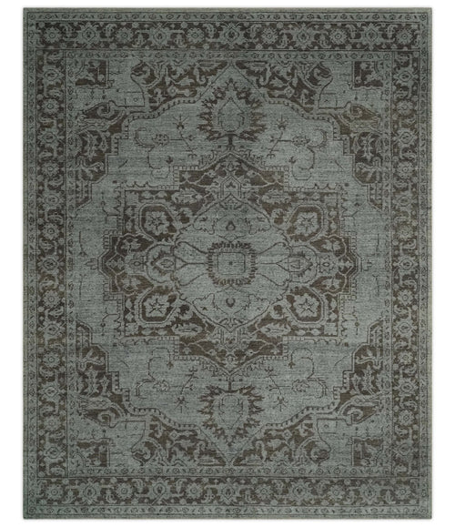 Antique Design Traditional Heriz Medallion Silver, Charcoal and Brown Hand Knotted 8x10 wool area Rug - Nuvé