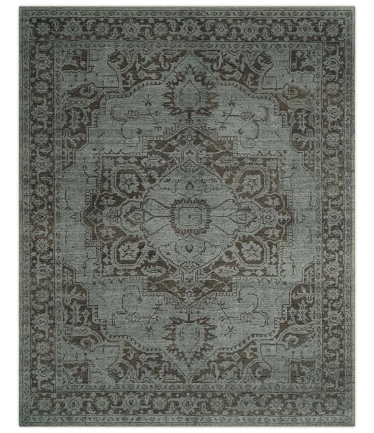 Antique Design Traditional Heriz Medallion Silver, Charcoal and Brown Hand Knotted 8x10 wool area Rug - Nuvé