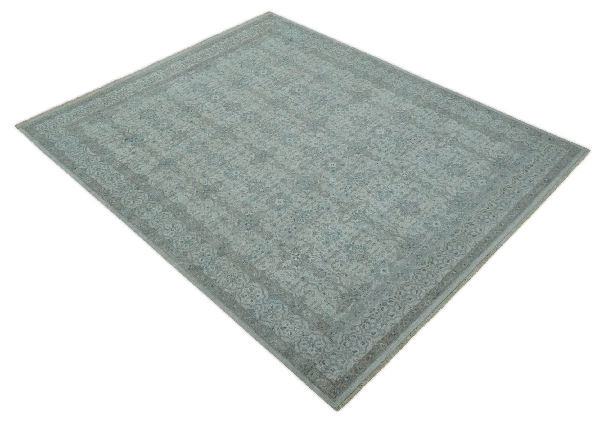 Antique Distress finish Silver, Teal and Brown Hand Knotted Traditional 8x10 wool Rug - Nuvé