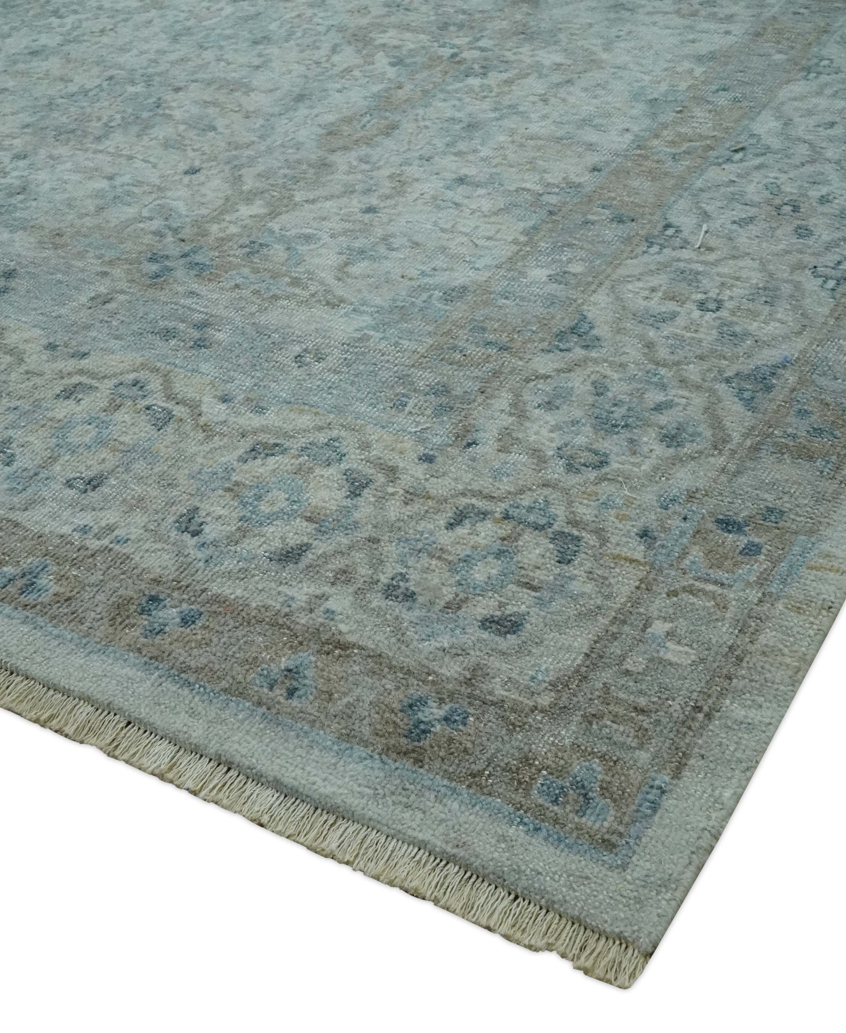 Antique Distress finish Silver, Teal and Brown Hand Knotted Traditional 8x10 wool Rug - Nuvé