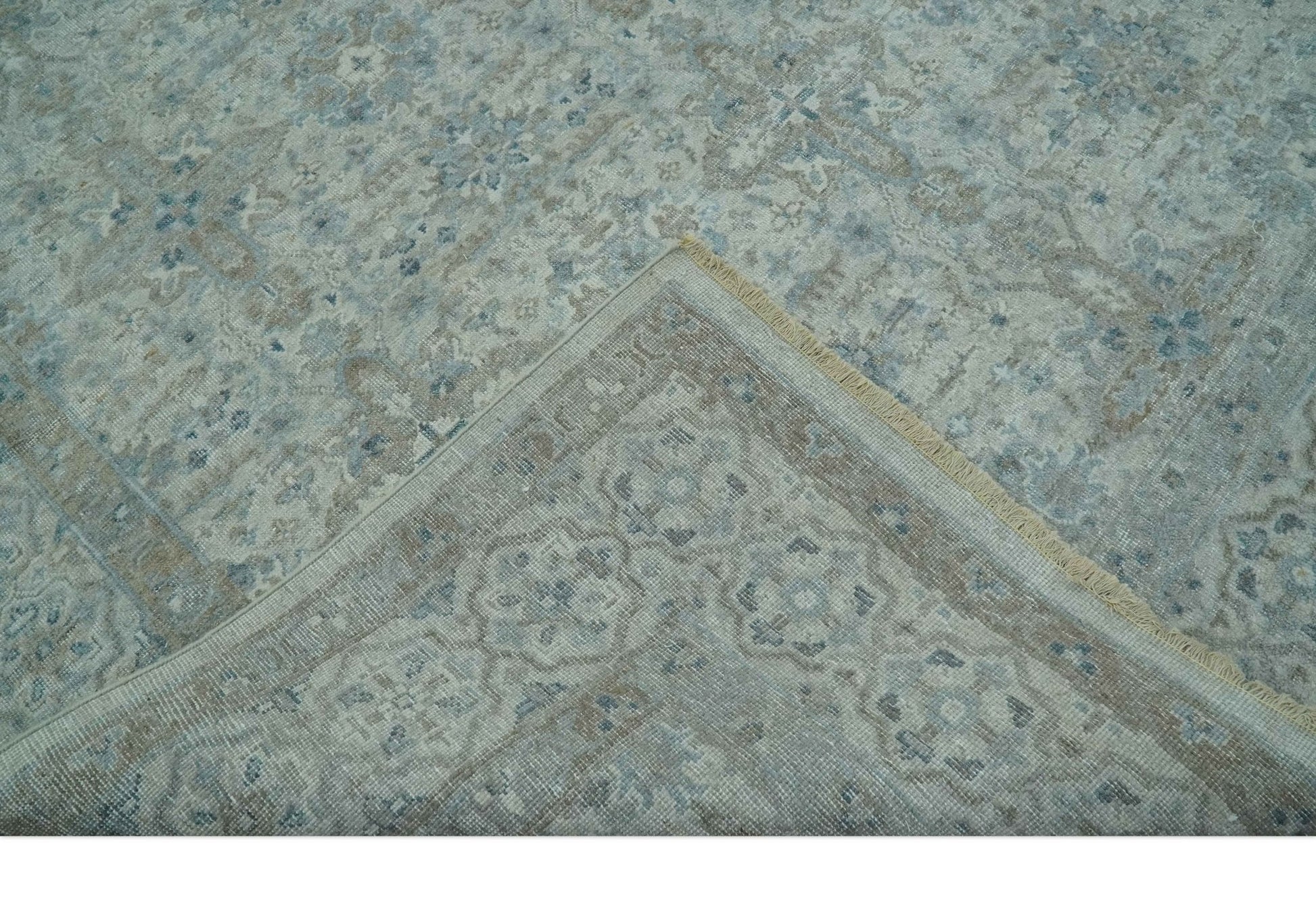 Antique Distress finish Silver, Teal and Brown Hand Knotted Traditional 8x10 wool Rug - Nuvé