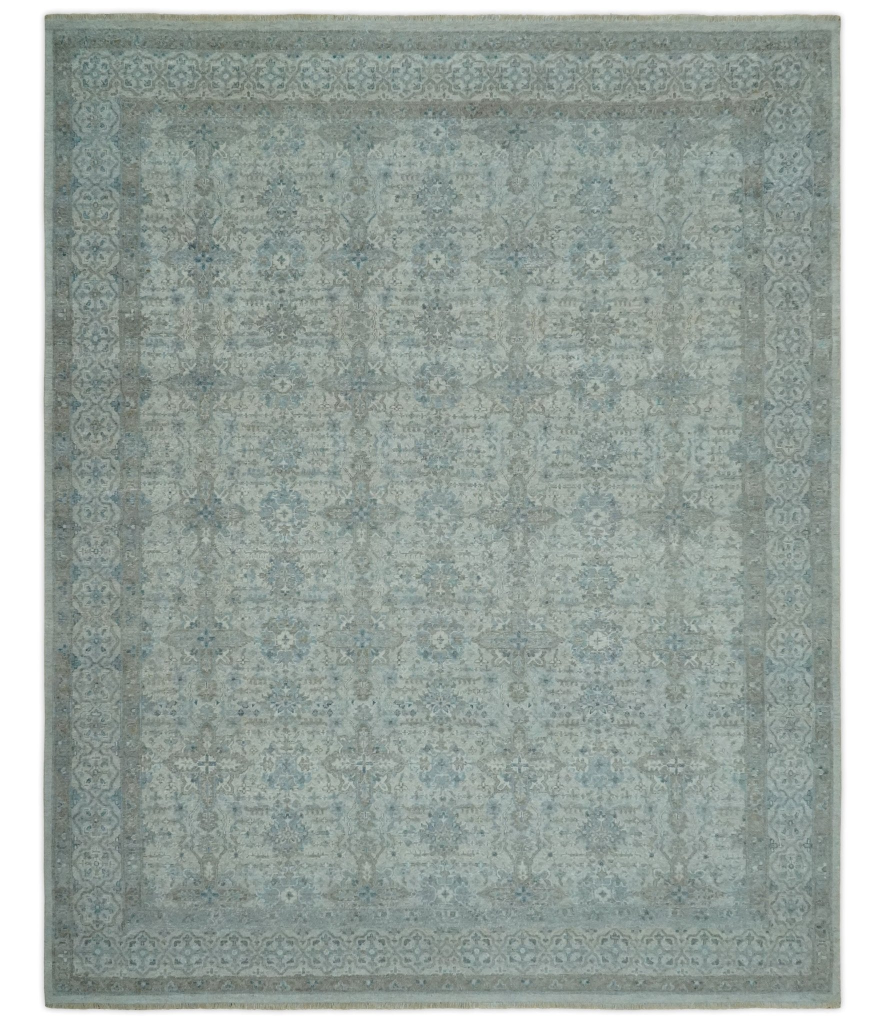 Antique Distress finish Silver, Teal and Brown Hand Knotted Traditional 8x10 wool Rug - Nuvé