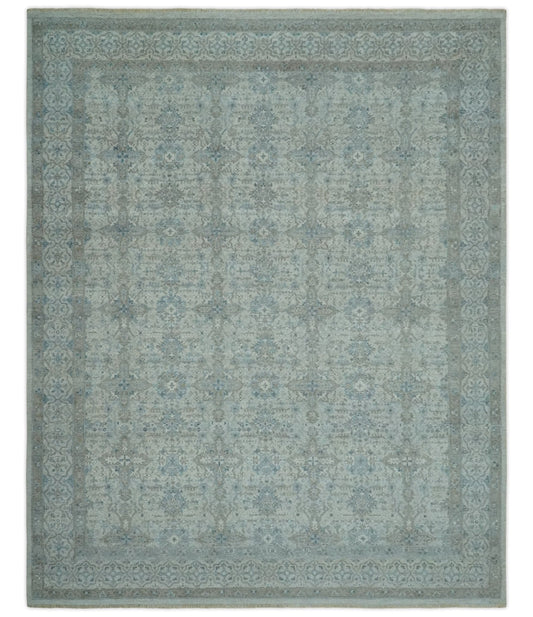 Antique Distress finish Silver, Teal and Brown Hand Knotted Traditional 8x10 wool Rug - Nuvé