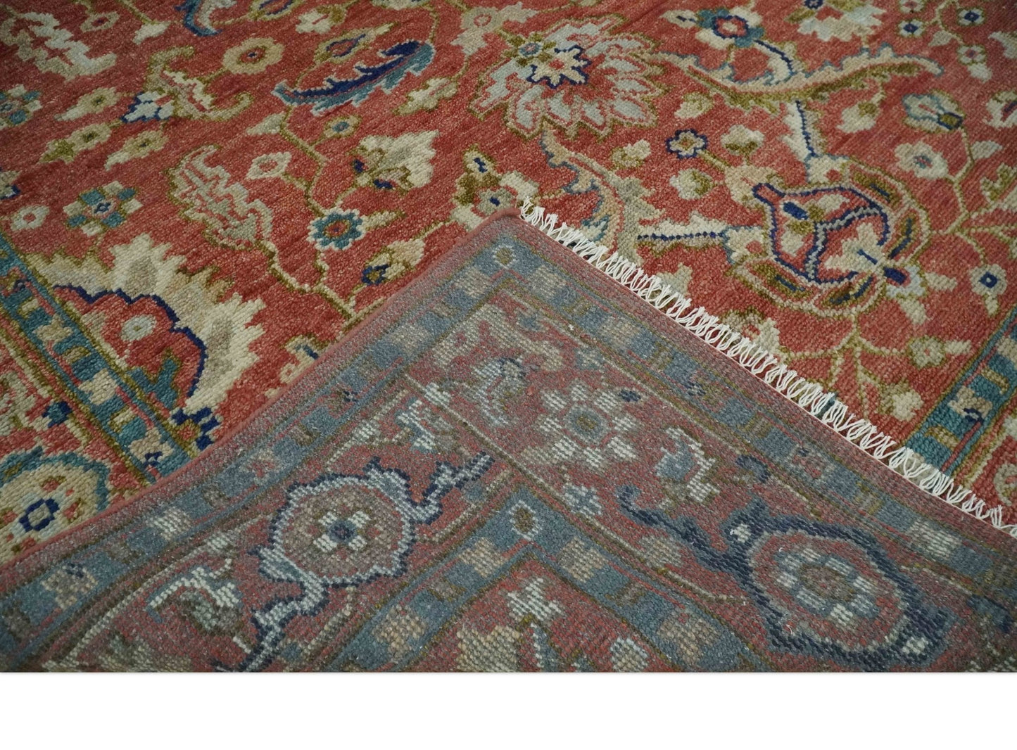 Antique Floral Style Rust, Teal, Ivory and Olive Hand Knotted Oriental Oushak 8x10 Wool Area Rug - Nuvé