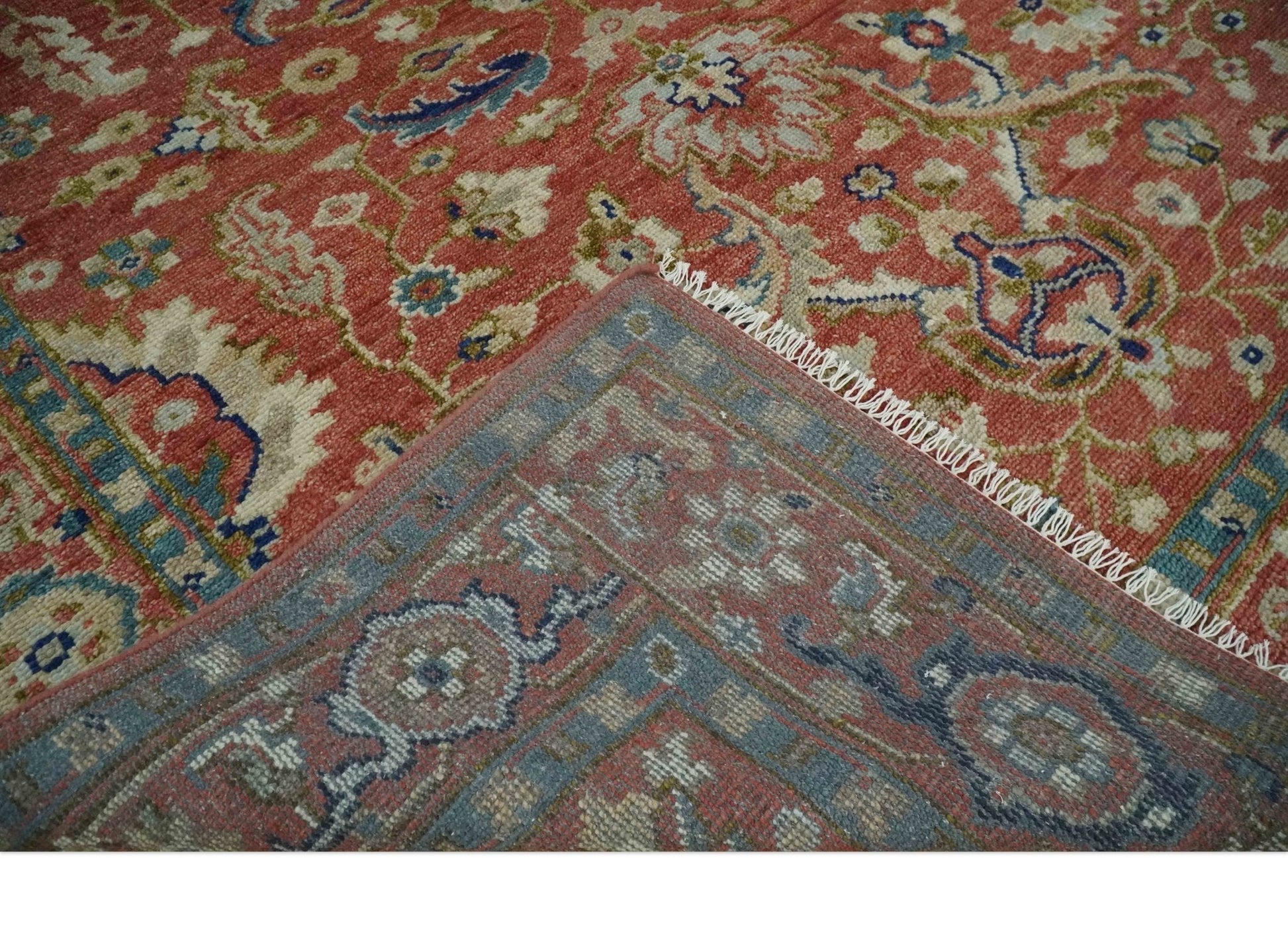 Antique Floral Style Rust, Teal, Ivory and Olive Hand Knotted Oriental Oushak 8x10 Wool Area Rug - Nuvé