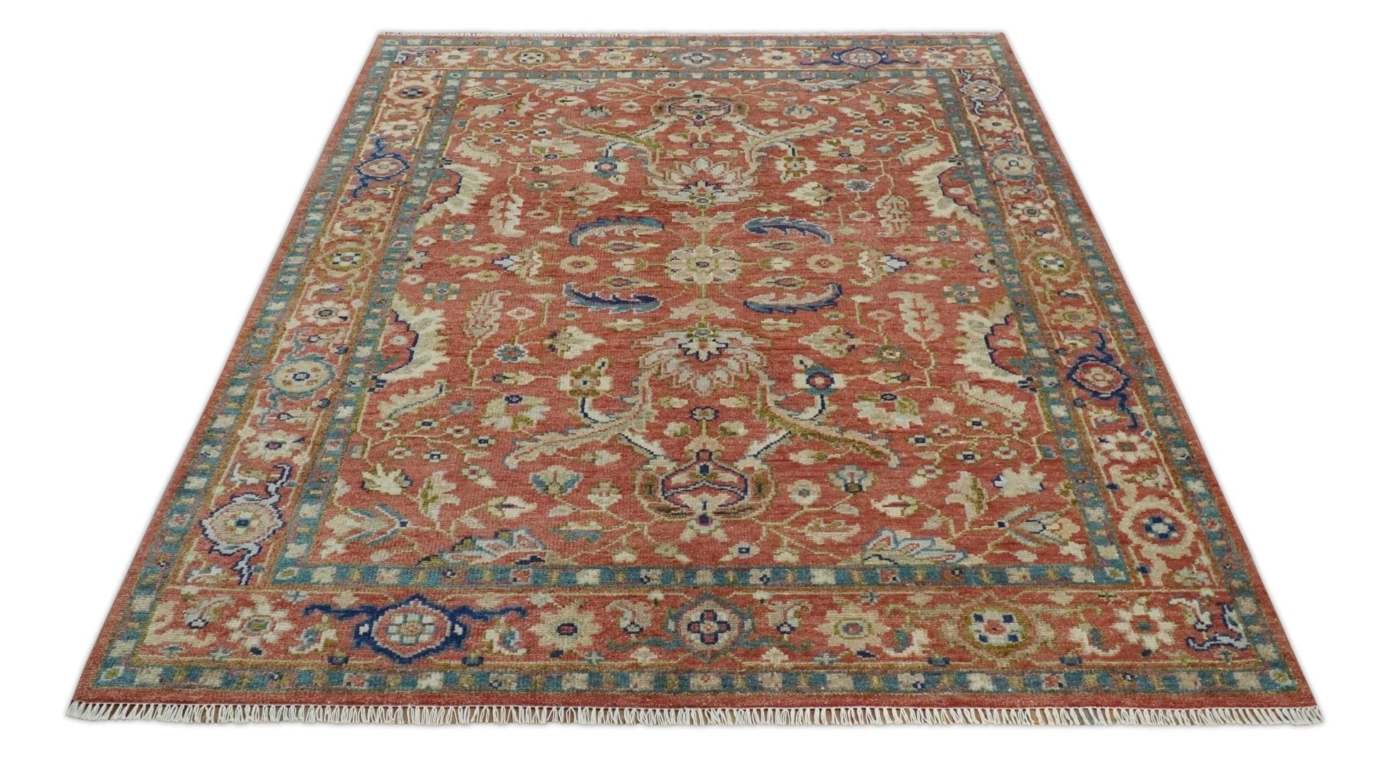 Antique Floral Style Rust, Teal, Ivory and Olive Hand Knotted Oriental Oushak 8x10 Wool Area Rug - Nuvé