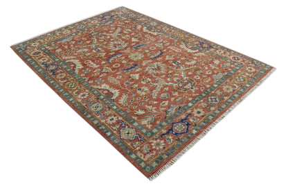 Antique Floral Style Rust, Teal, Ivory and Olive Hand Knotted Oriental Oushak 8x10 Wool Area Rug - Nuvé