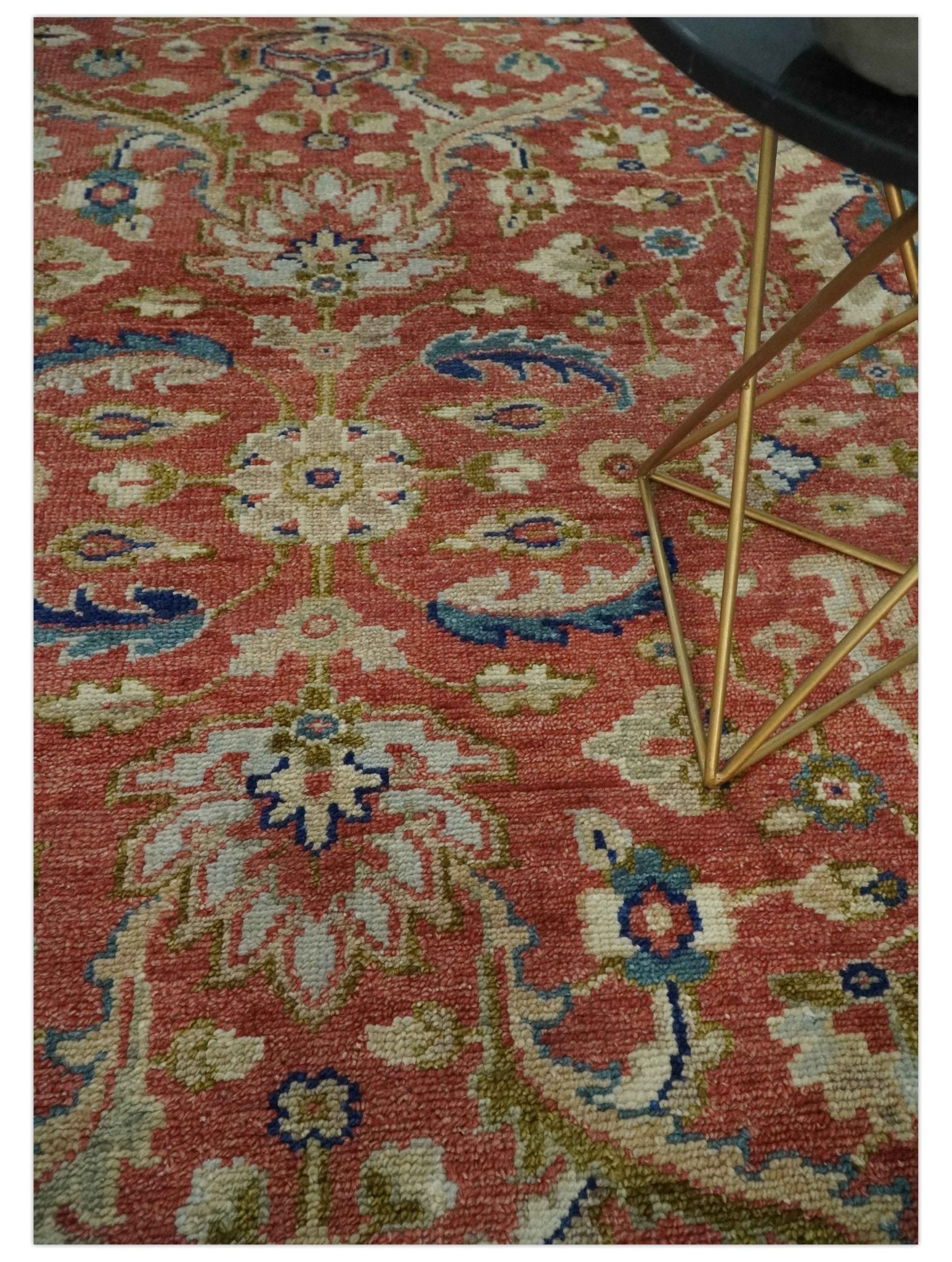 Antique Floral Style Rust, Teal, Ivory and Olive Hand Knotted Oriental Oushak 8x10 Wool Area Rug - Nuvé