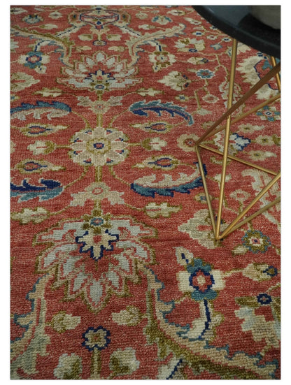 Antique Floral Style Rust, Teal, Ivory and Olive Hand Knotted Oriental Oushak 8x10 Wool Area Rug - Nuvé