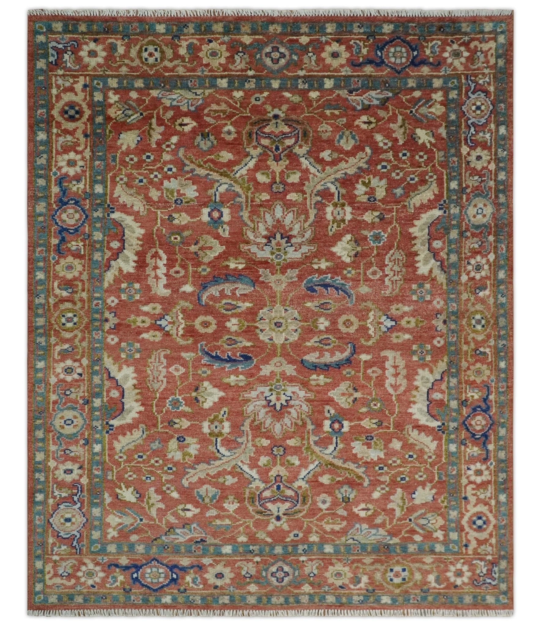 Antique Floral Style Rust, Teal, Ivory and Olive Hand Knotted Oriental Oushak 8x10 Wool Area Rug - Nuvé
