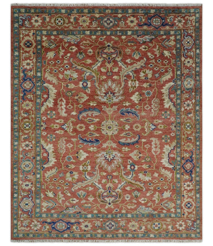 Antique Floral Style Rust, Teal, Ivory and Olive Hand Knotted Oriental Oushak 8x10 Wool Area Rug - Nuvé