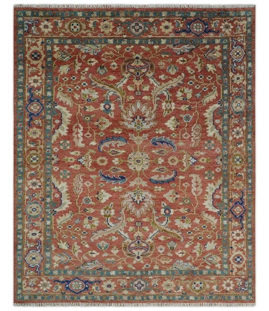 Antique Floral Style Rust, Teal, Ivory and Olive Hand Knotted Oriental Oushak 8x10 Wool Area Rug - Nuvé