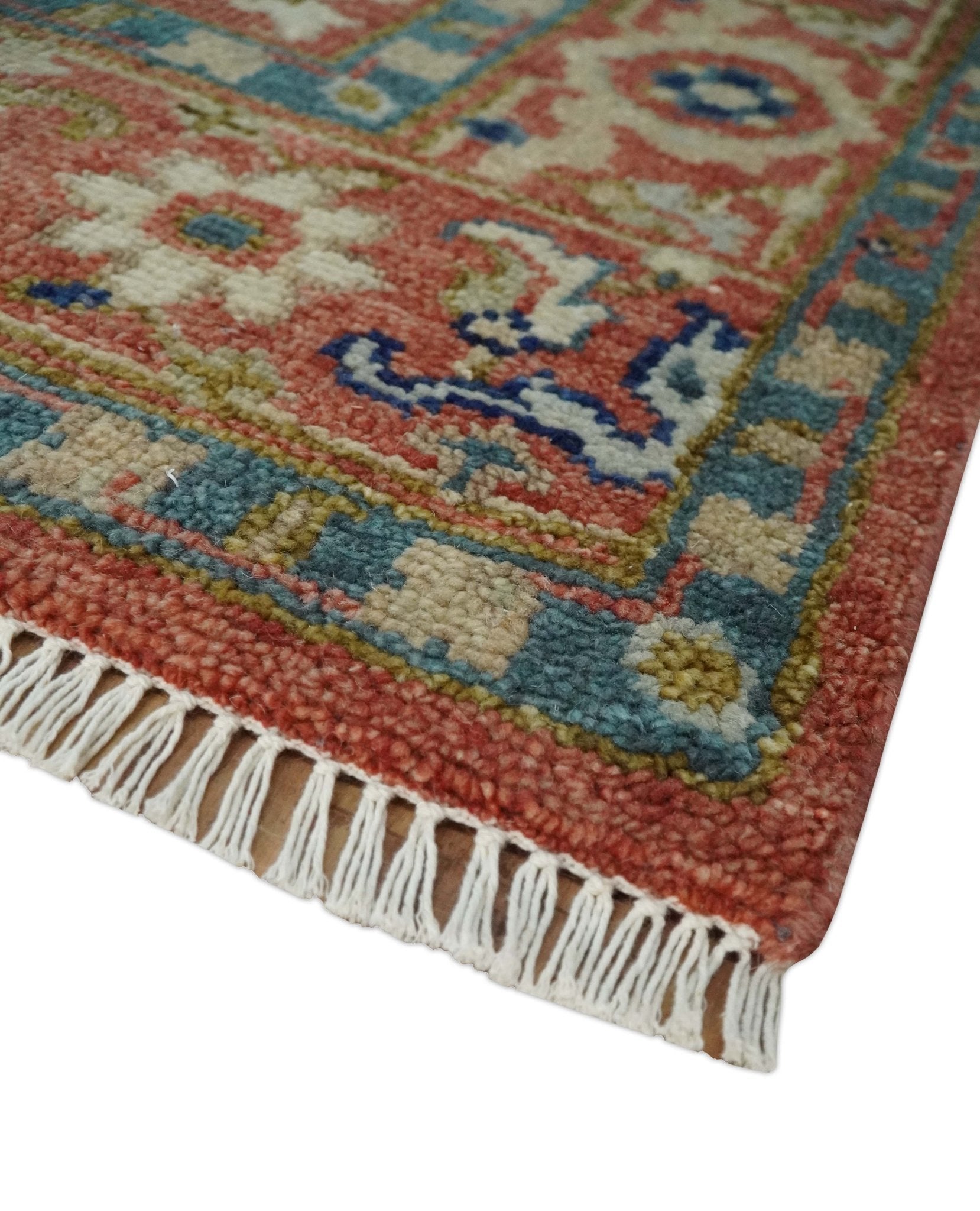 Antique Floral Style Rust, Teal, Ivory and Olive Hand Knotted Oriental Oushak 8x10 Wool Area Rug - Nuvé