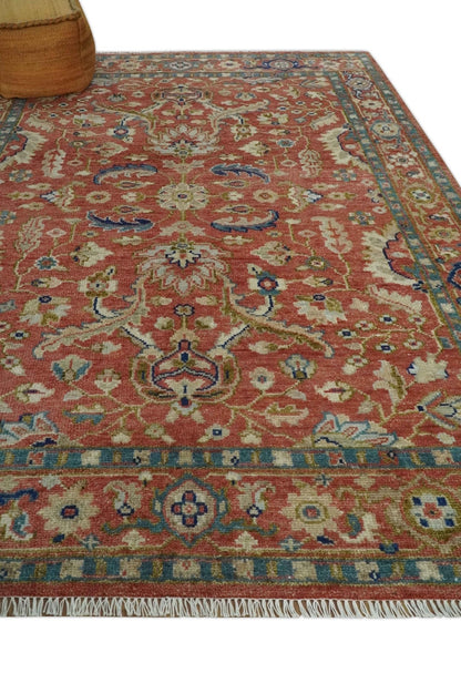 Antique Floral Style Rust, Teal, Ivory and Olive Hand Knotted Oriental Oushak 8x10 Wool Area Rug - Nuvé
