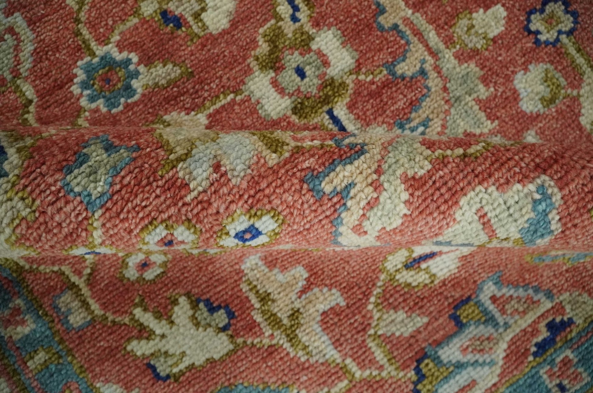 Antique Floral Style Rust, Teal, Ivory and Olive Hand Knotted Oriental Oushak 8x10 Wool Area Rug - Nuvé