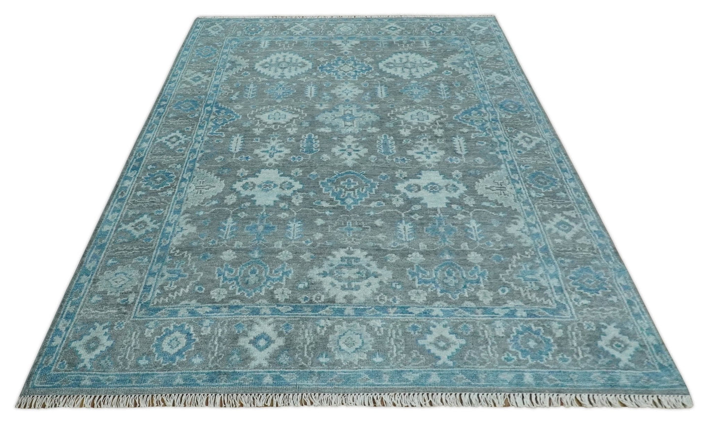 Antique Gray and Blue Hand Knotted 8x10 Oushak Turkish Wool Area Rug - Nuvé