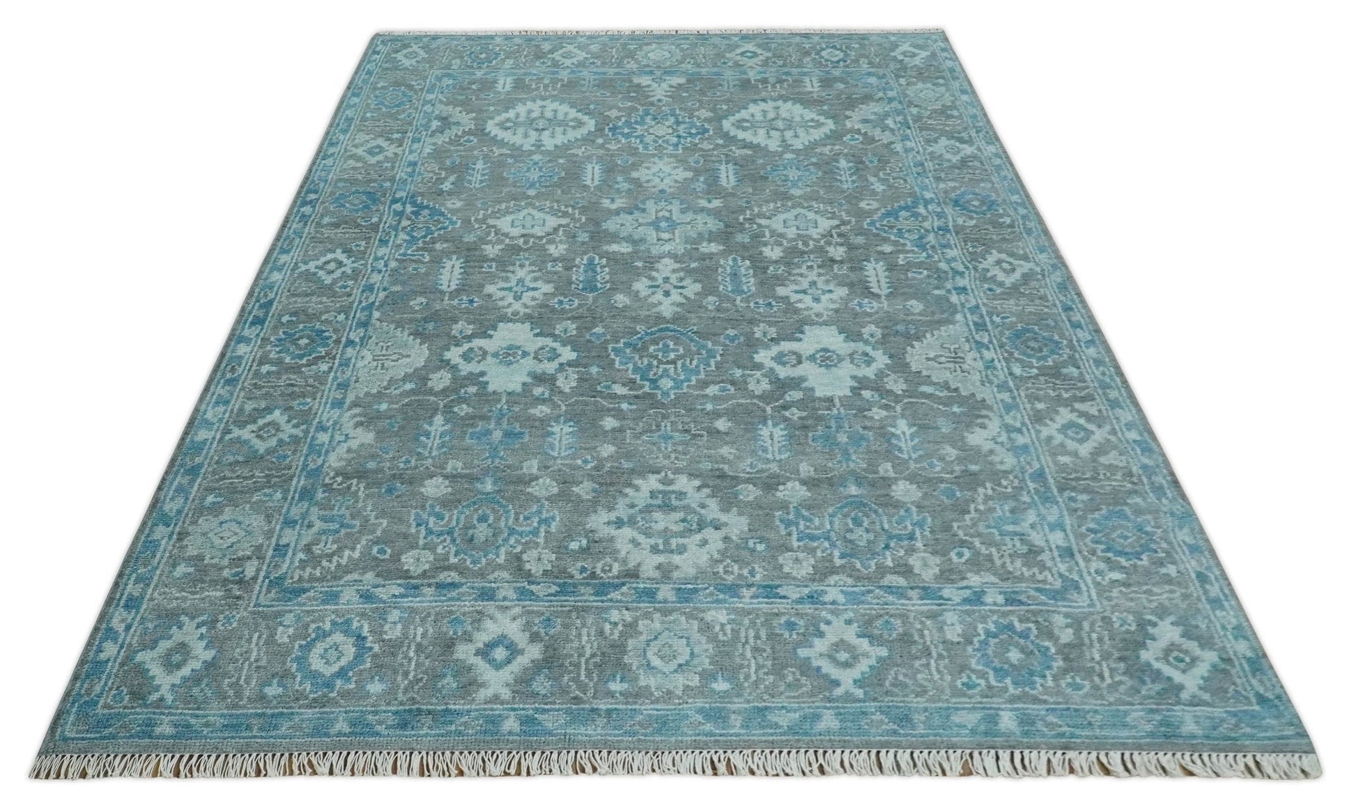 Antique Gray and Blue Hand Knotted 8x10 Oushak Turkish Wool Area Rug - Nuvé