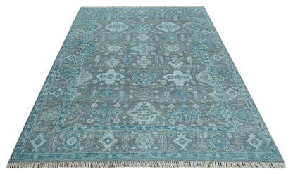 Antique Gray and Blue Hand Knotted 8x10 Oushak Turkish Wool Area Rug - Nuvé